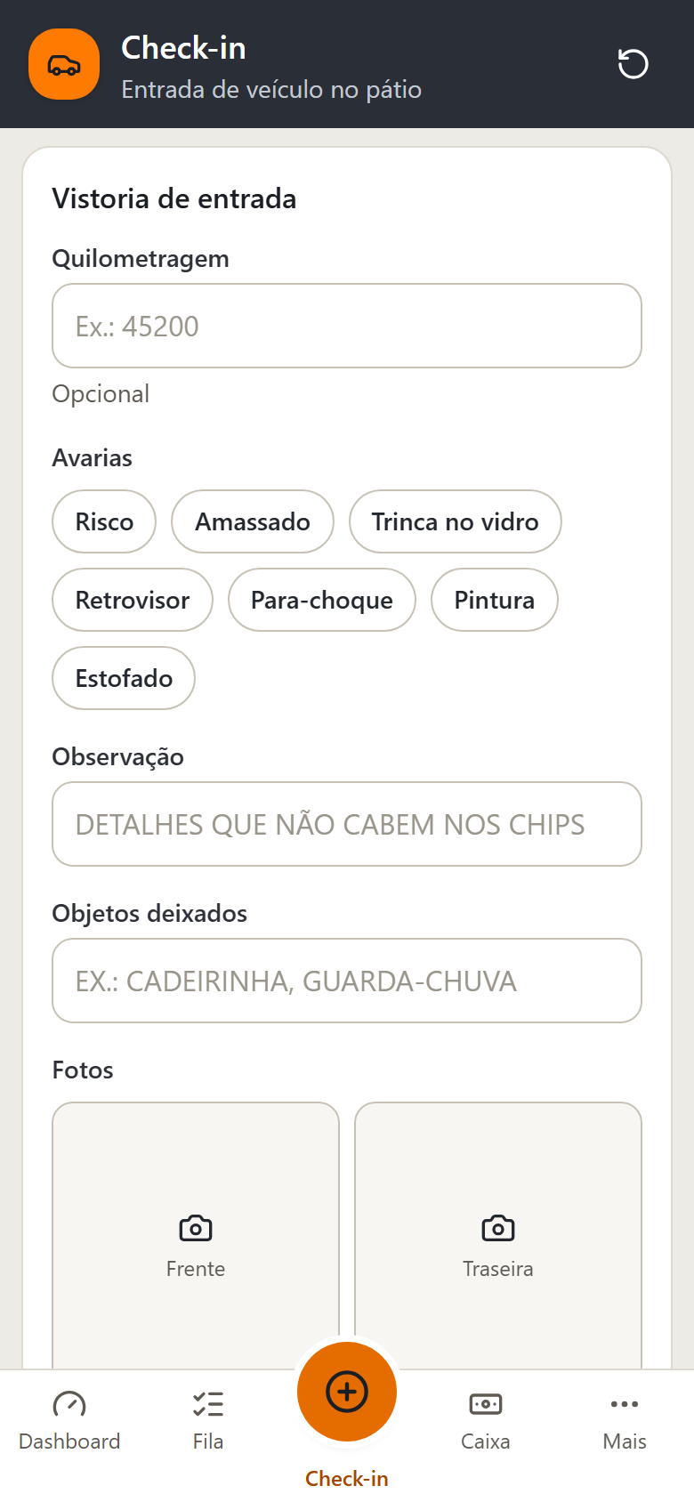 Formulário de vistoria de entrada do CarWasher