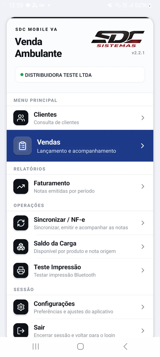 Menu principal do SDC VA
